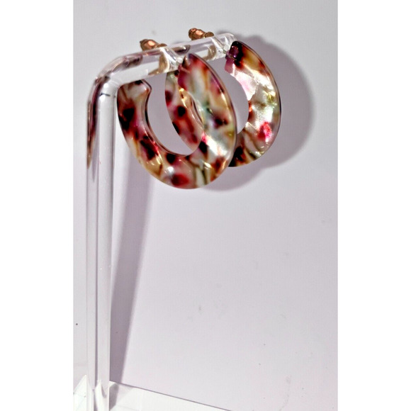 Pink White Mosaic Resin Hoop 1 5/8" Earrings! - Picture 7 of 10